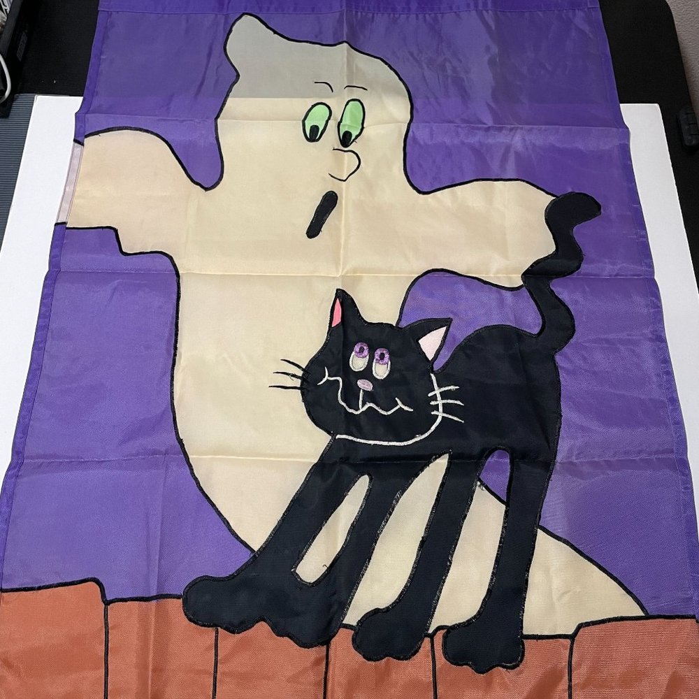 Halloween Garden House Flag Ghost Black Cat Trick or Treat Purple Outdoor 27X38 - Picture 3 of 11